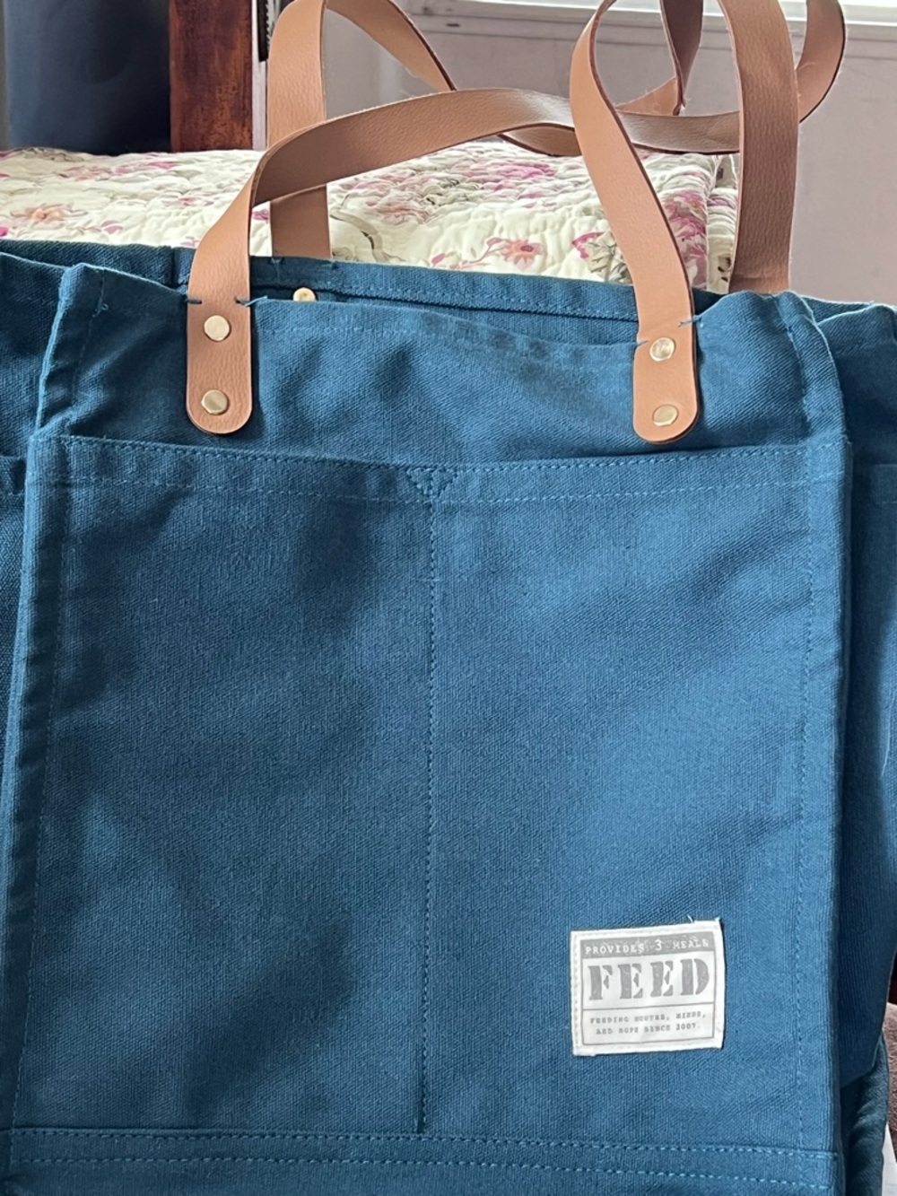 FEED Blue Canvas Tote with Tan Leather Handles